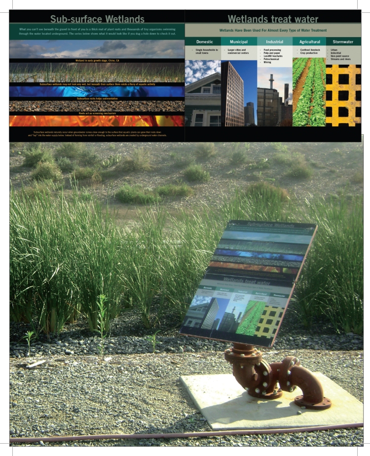 Designs showing the installed metal sign on Richard Turner's pipe sculpture mounted to the ground as a stand for the sign of the Sub-Surface Wetlands area.