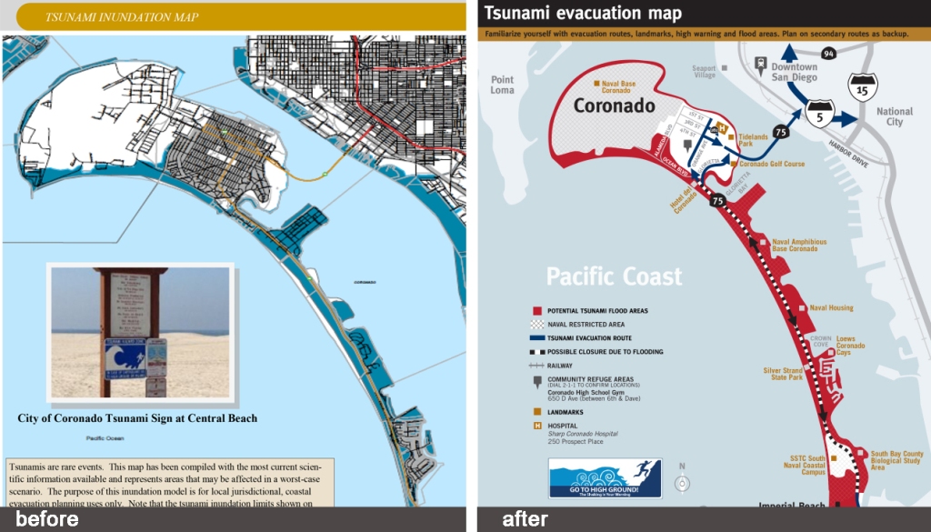 Before and after evacuation maps for the City of Coronado, San Diego, demonstrating visual effectiveness and consistency applying TsunamiClear visual standards on the right map.