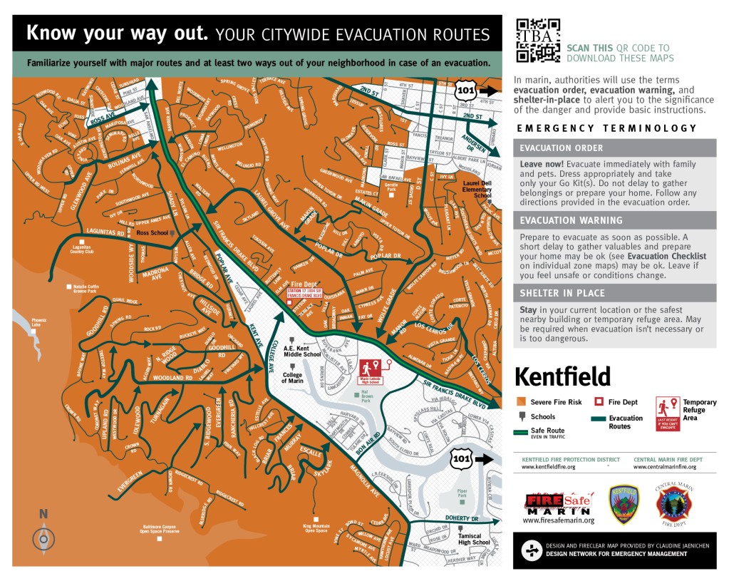 Full area risk map for the City of Kentfield, Marin County, produced as part of FireClear's Visual standards for public-facing rick-literacy maps. 