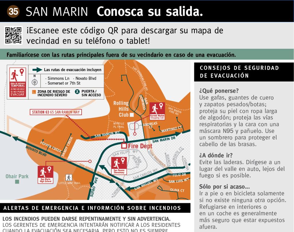 Close-up of an individual zone flyer layout for the San Marin area, Novato, produced as part of FireClear's Visual standards for public-facing rick-literacy maps. 